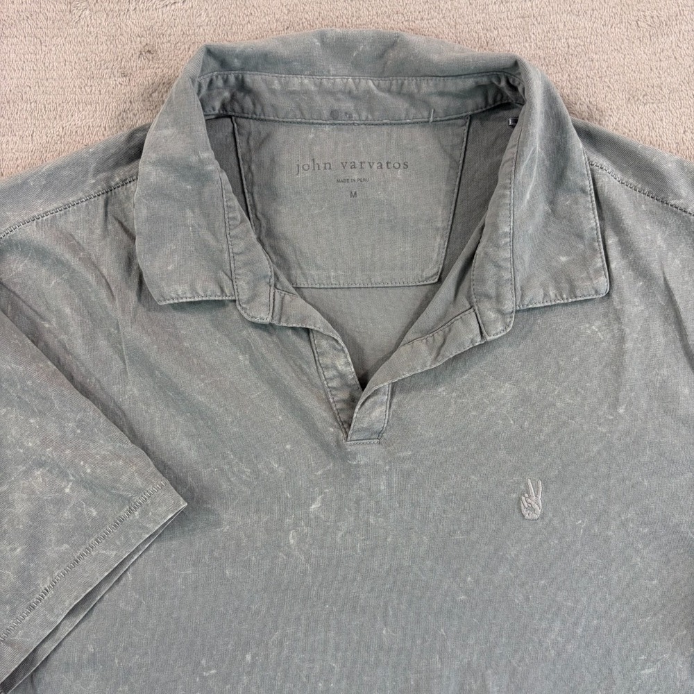 John Varvatos Bodhi Johny Collar Polo Shirt in Grey Marble Peace Sign Men Medium
